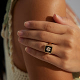 Classic Chanel - inspired Vintage Square Enamel Glazed Pearl Open Ring - floysun