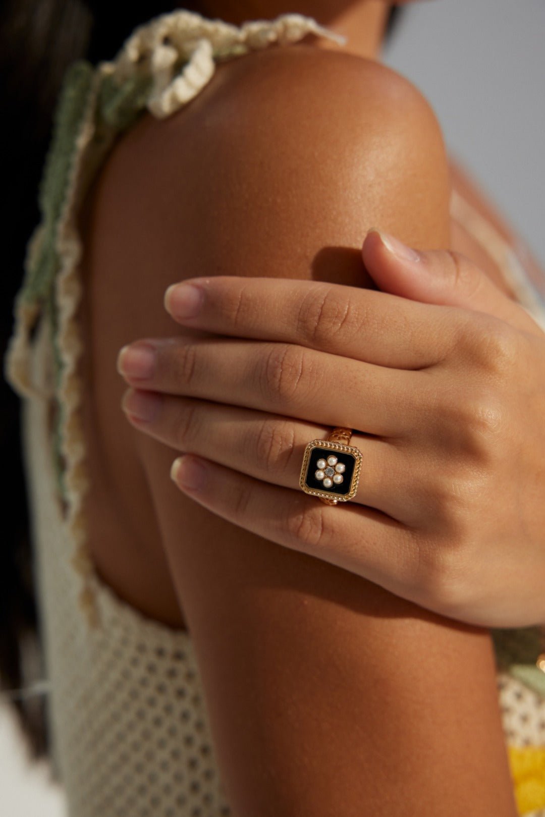 Classic Chanel - inspired Vintage Square Enamel Glazed Pearl Open Ring - floysun