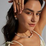Classic Chanel - inspired Vintage Square Enamel Glazed Pearl Open Ring - floysun