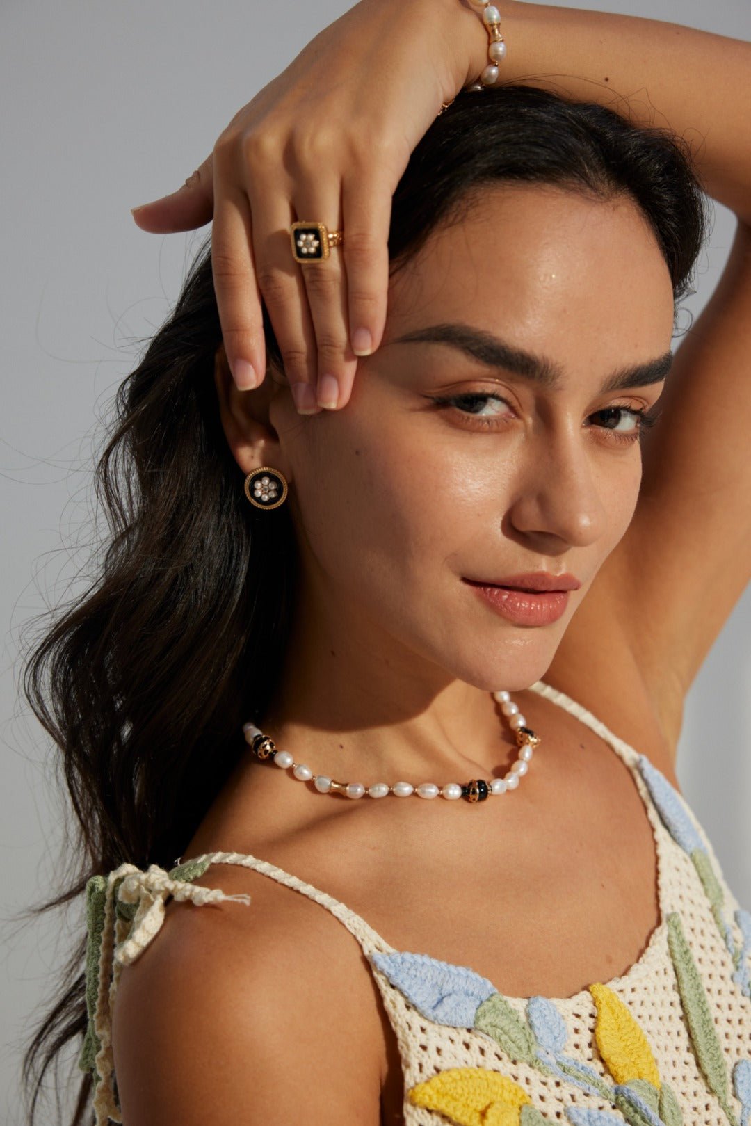 Classic Chanel - inspired Vintage Square Enamel Glazed Pearl Open Ring - floysun