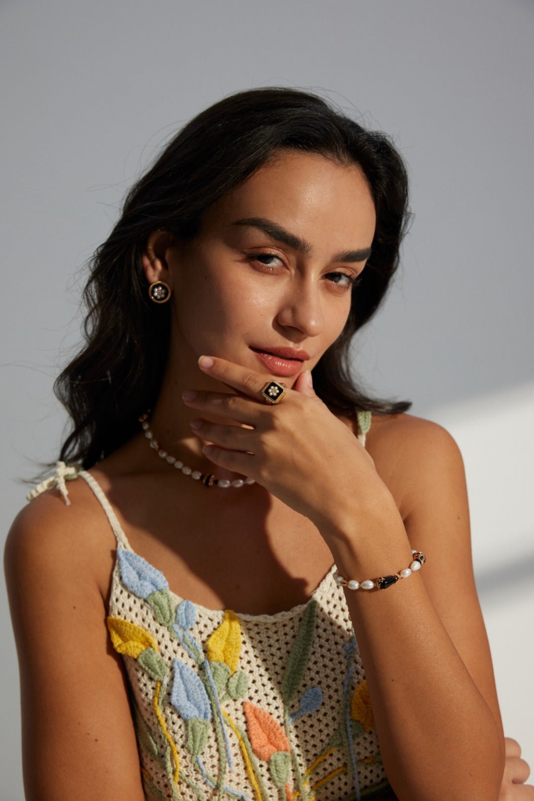 Classic Chanel - inspired Vintage Square Enamel Glazed Pearl Open Ring - floysun