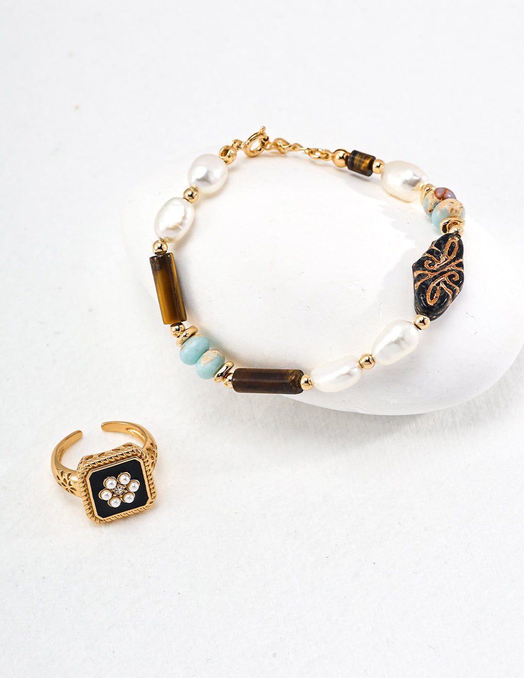 Classic Chanel - inspired Vintage Square Enamel Glazed Pearl Open Ring - floysun