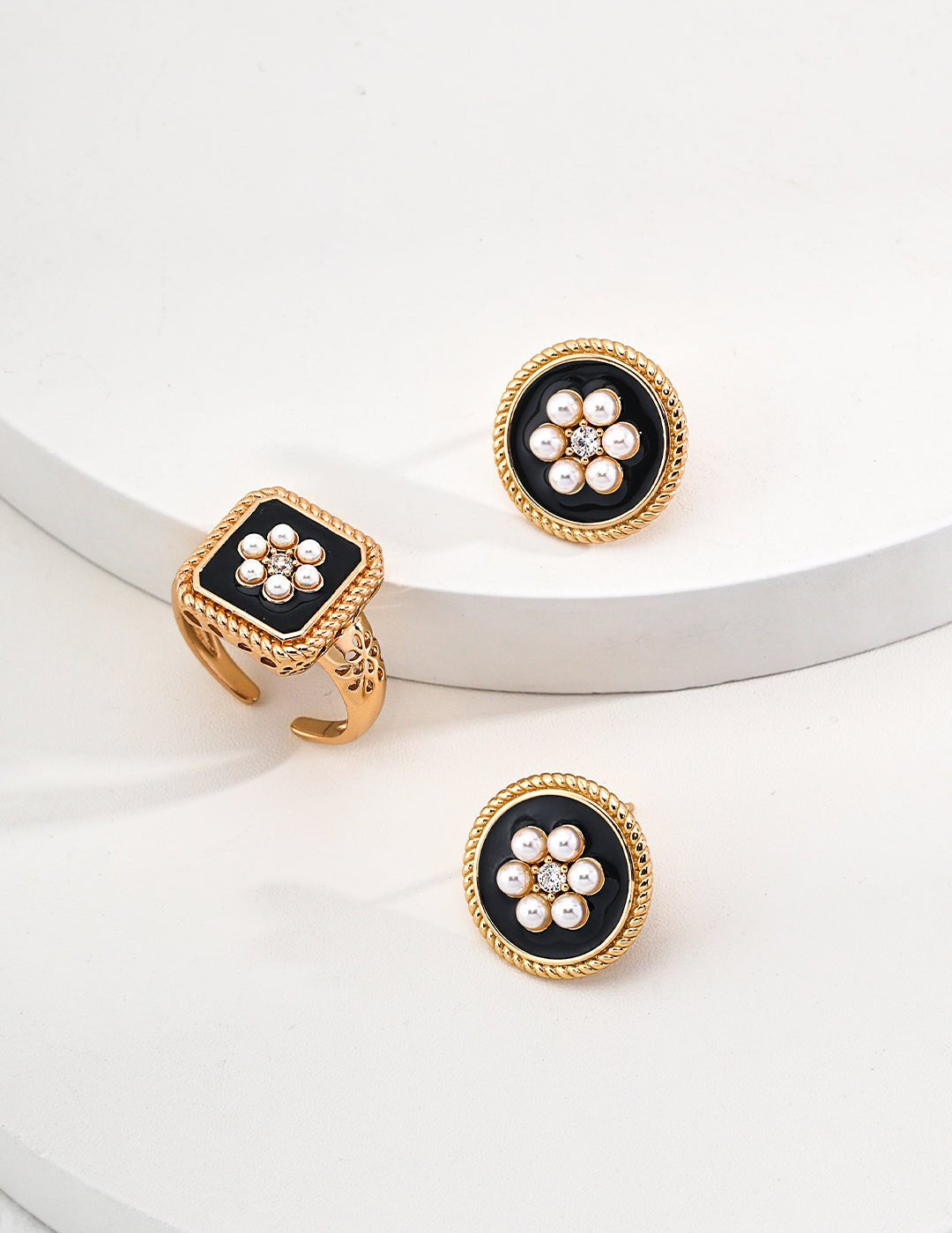 Classic Chanel - inspired Vintage Square Enamel Glazed Pearl Open Ring - floysun