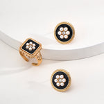 Classic Chanel - inspired Vintage Square Enamel Glazed Pearl Open Ring - floysun