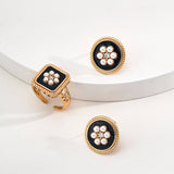 Classic Chanel - inspired Vintage Square Enamel Glazed Pearl Open Ring - floysun