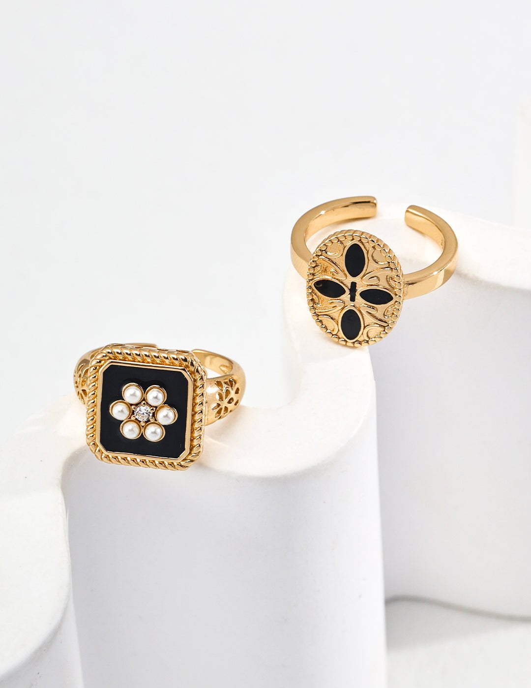 Classic Chanel - inspired Vintage Square Enamel Glazed Pearl Open Ring - floysun