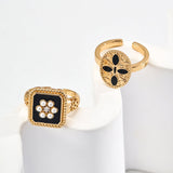 Classic Chanel - inspired Vintage Square Enamel Glazed Pearl Open Ring - floysun