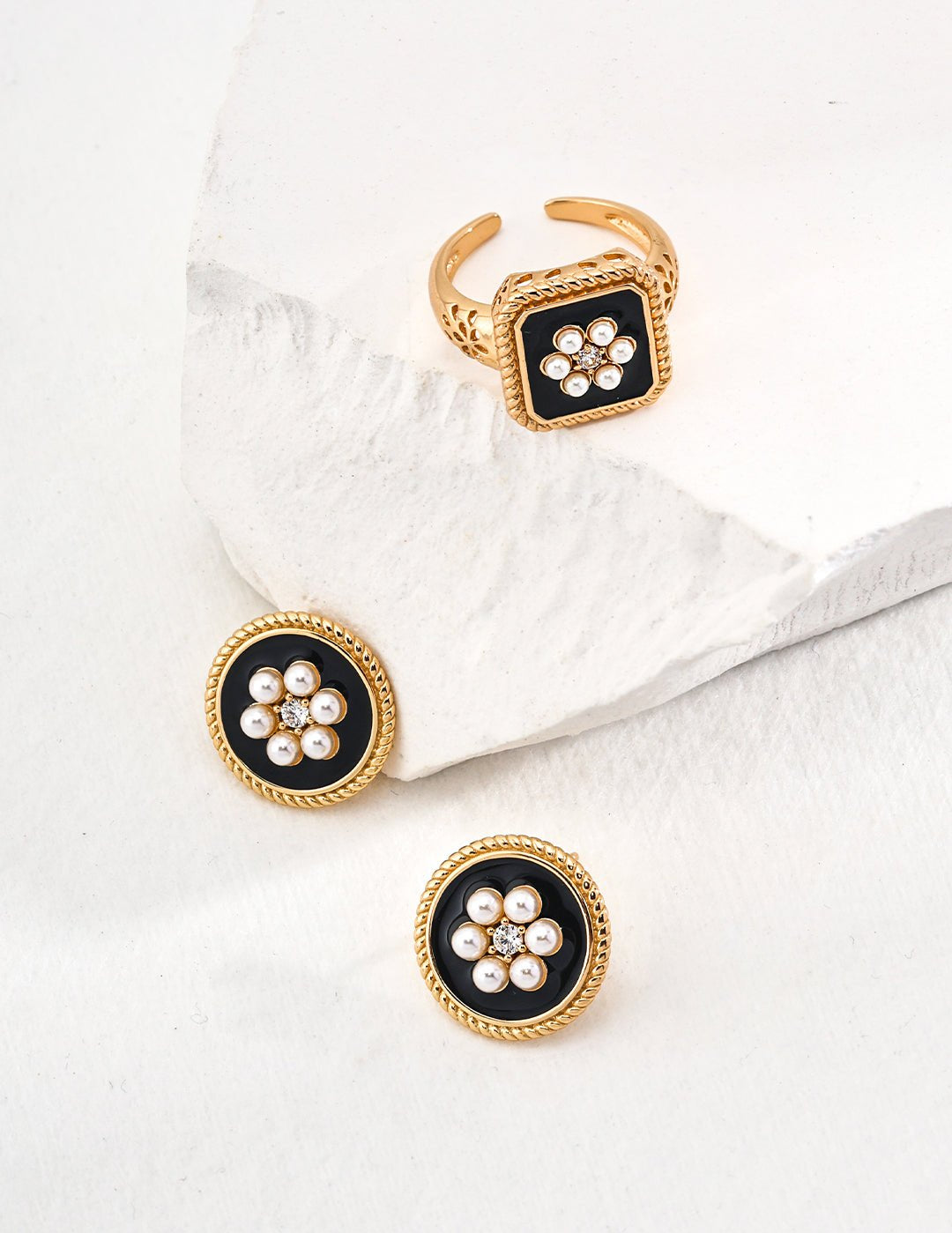Classic Chanel - inspired Vintage Square Enamel Glazed Pearl Open Ring - floysun