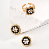 Classic Chanel - inspired Vintage Square Enamel Glazed Pearl Open Ring - floysun