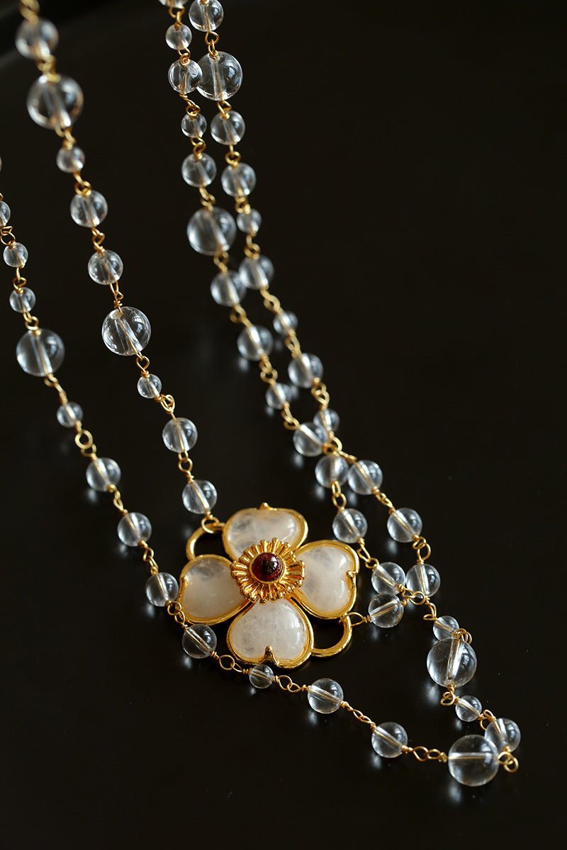 Classic French Romance Clover Long Necklace - White Crystal - floysun