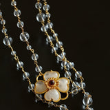 Classic French Romance Clover Long Necklace - White Crystal - floysun