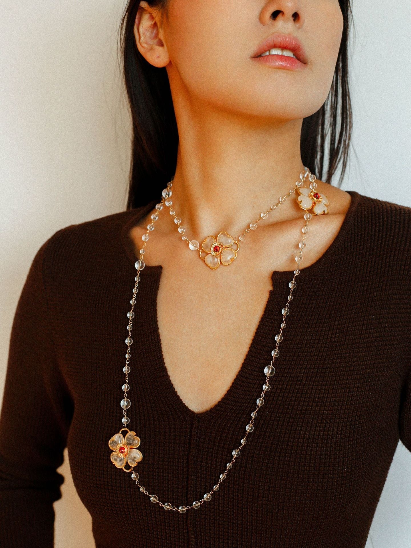 Classic French Romance Clover Long Necklace - White Crystal - floysun