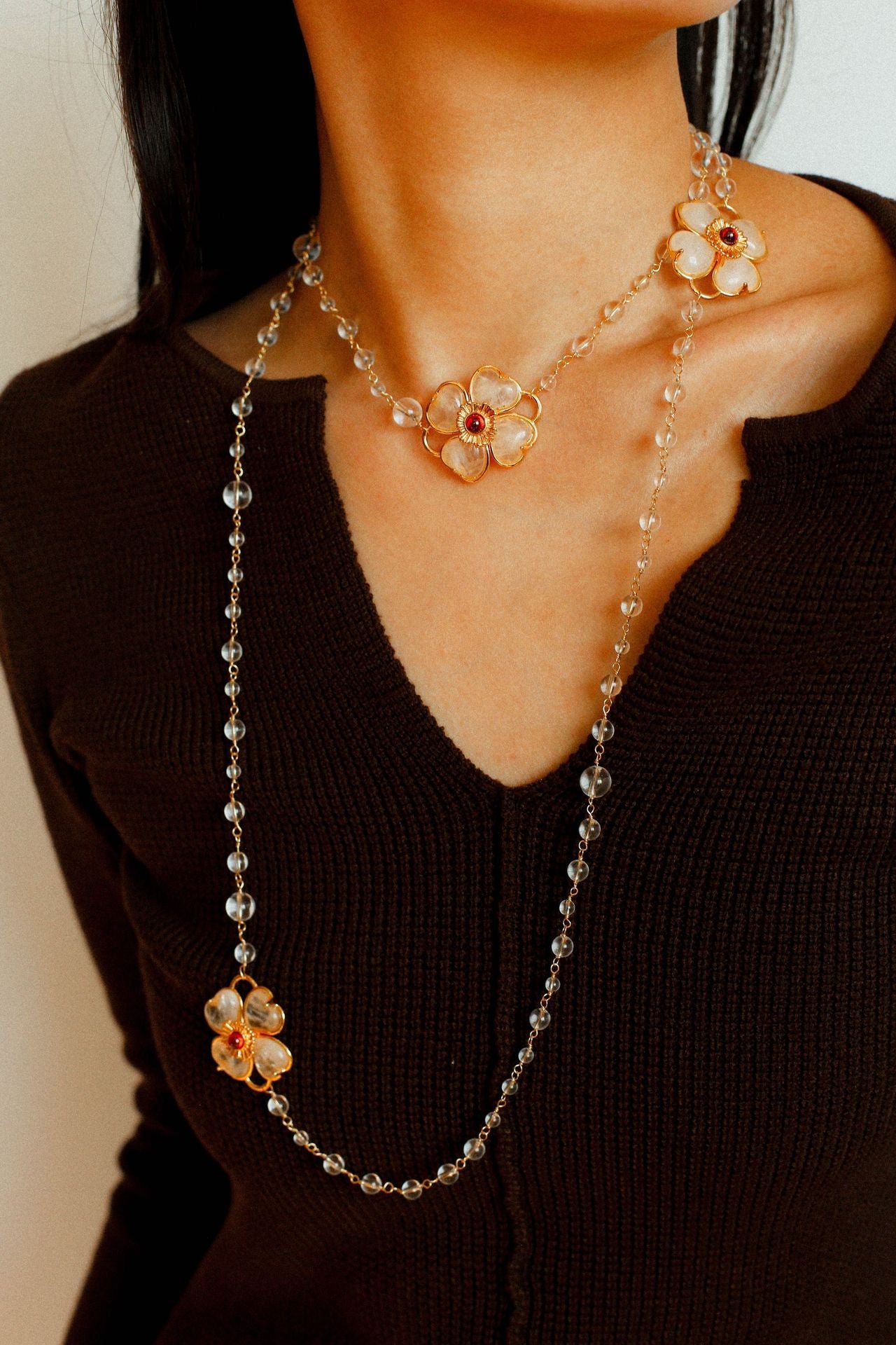 Classic French Romance Clover Long Necklace - White Crystal - floysun
