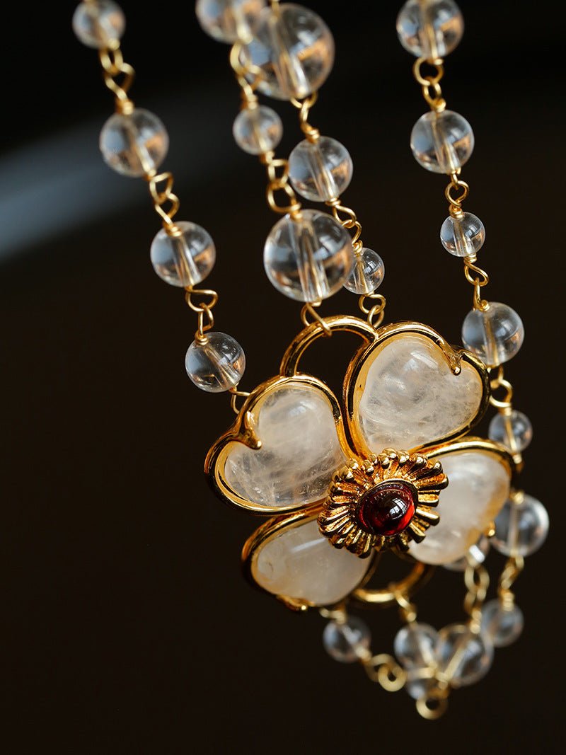 Classic French Romance Clover Long Necklace - White Crystal - floysun
