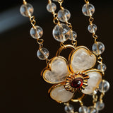 Classic French Romance Clover Long Necklace - White Crystal - floysun