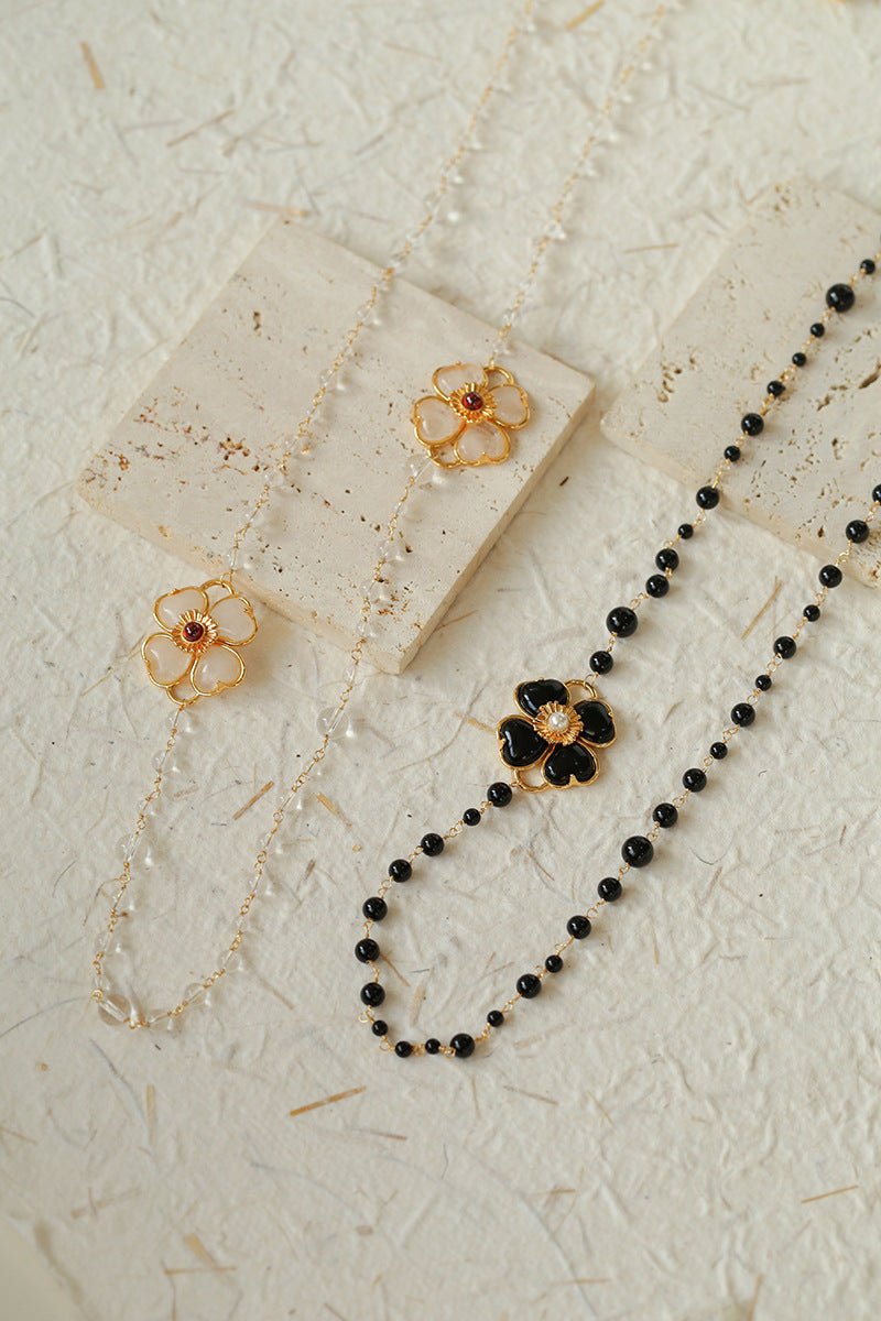 Classic French Romance Clover Long Necklace - White Crystal - floysun