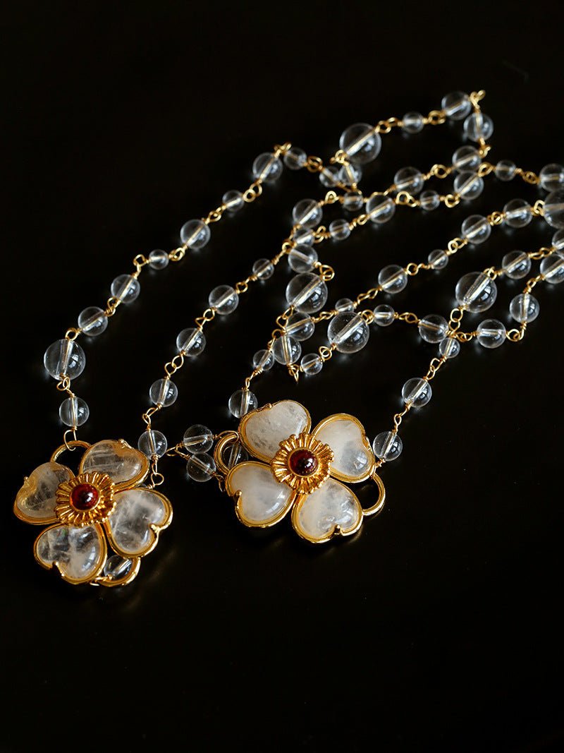 Classic French Romance Clover Long Necklace - White Crystal - floysun