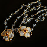 Classic French Romance Clover Long Necklace - White Crystal - floysun