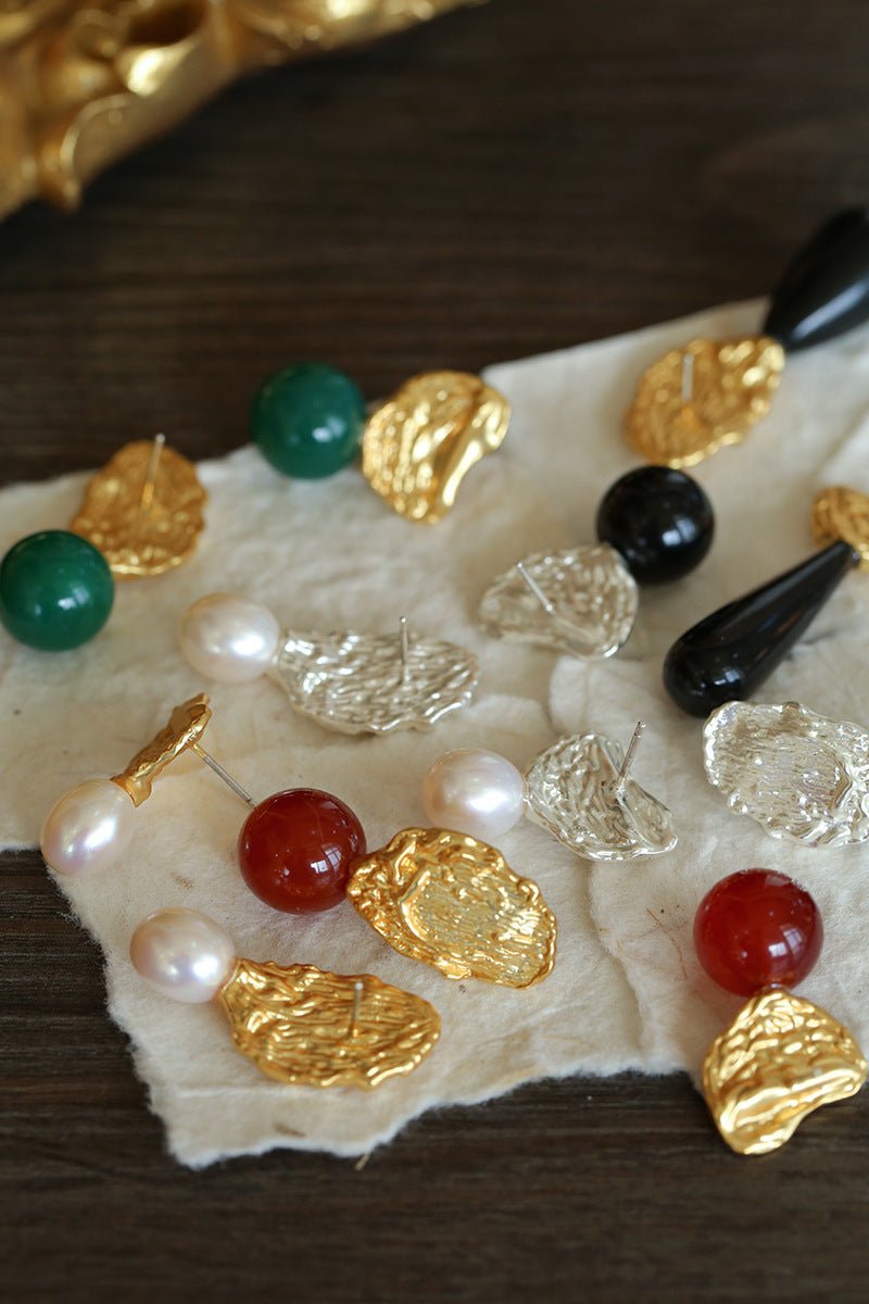 Classic Oil Brushstroke Series Earrings Lava Asymmetrical Shape with Agate Drops - floysun