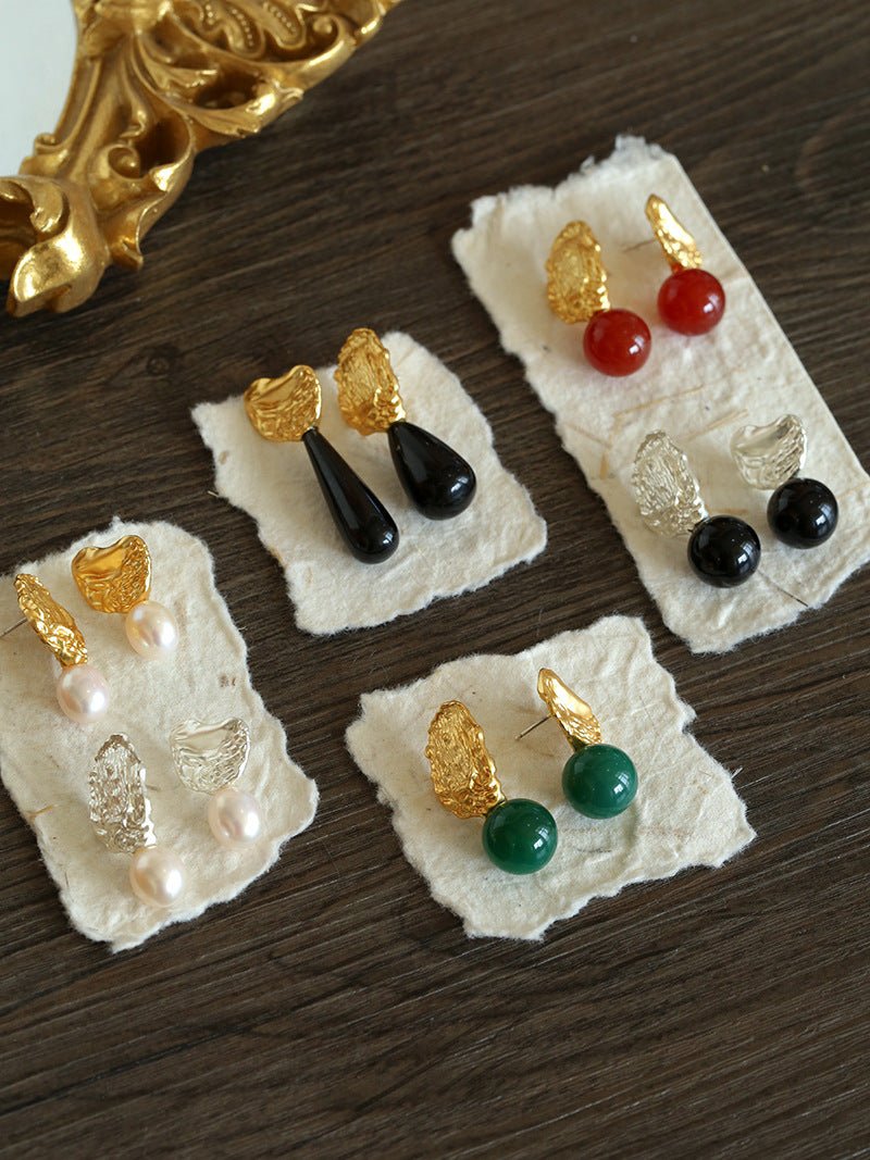 Classic Oil Brushstroke Series Earrings Lava Asymmetrical Shape with Agate Drops - floysun