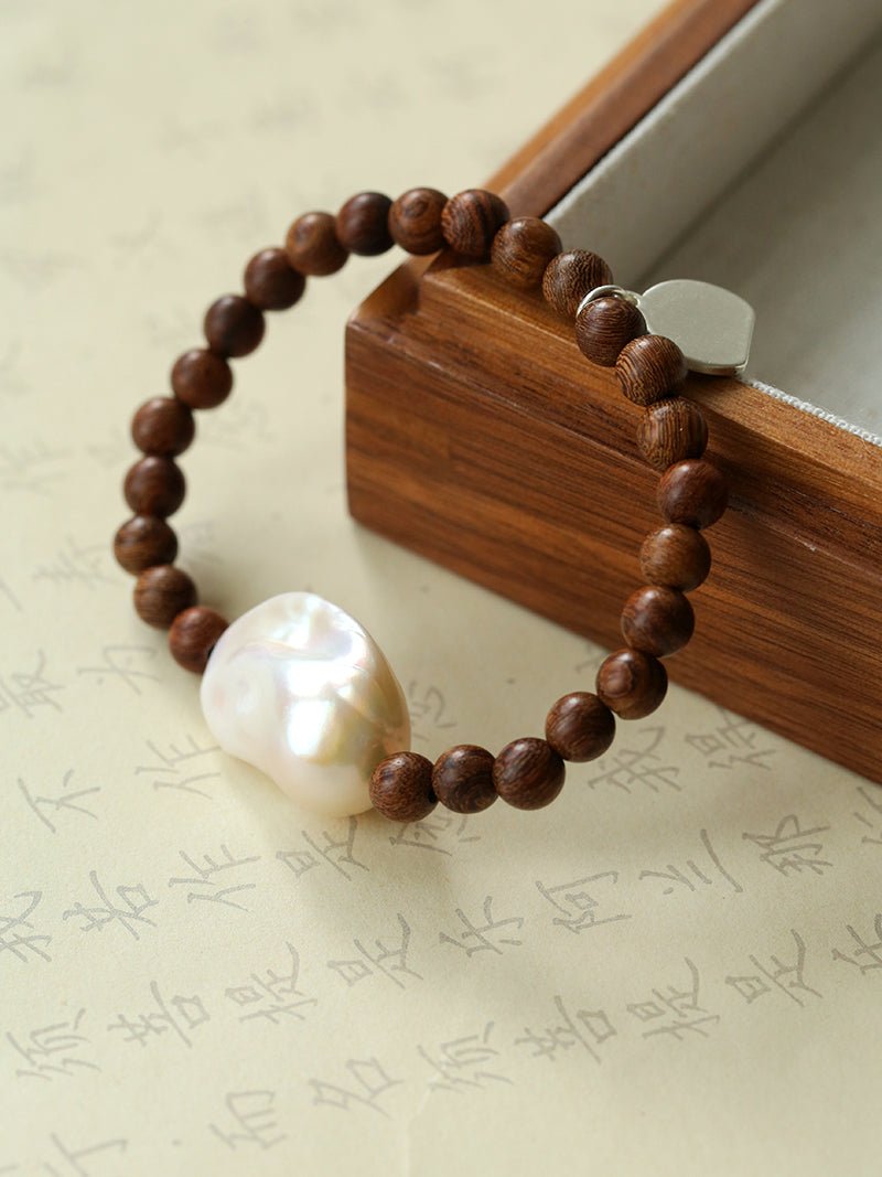 Cloud Whisper Baroque Pearl & Natural Wood Bead Bracelet - floysun