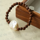 Cloud Whisper Baroque Pearl & Natural Wood Bead Bracelet - floysun