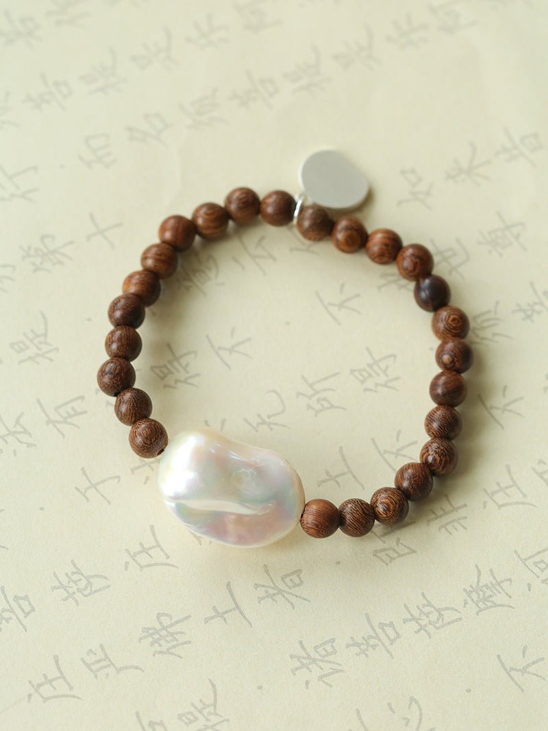 Cloud Whisper Baroque Pearl & Natural Wood Bead Bracelet - floysun