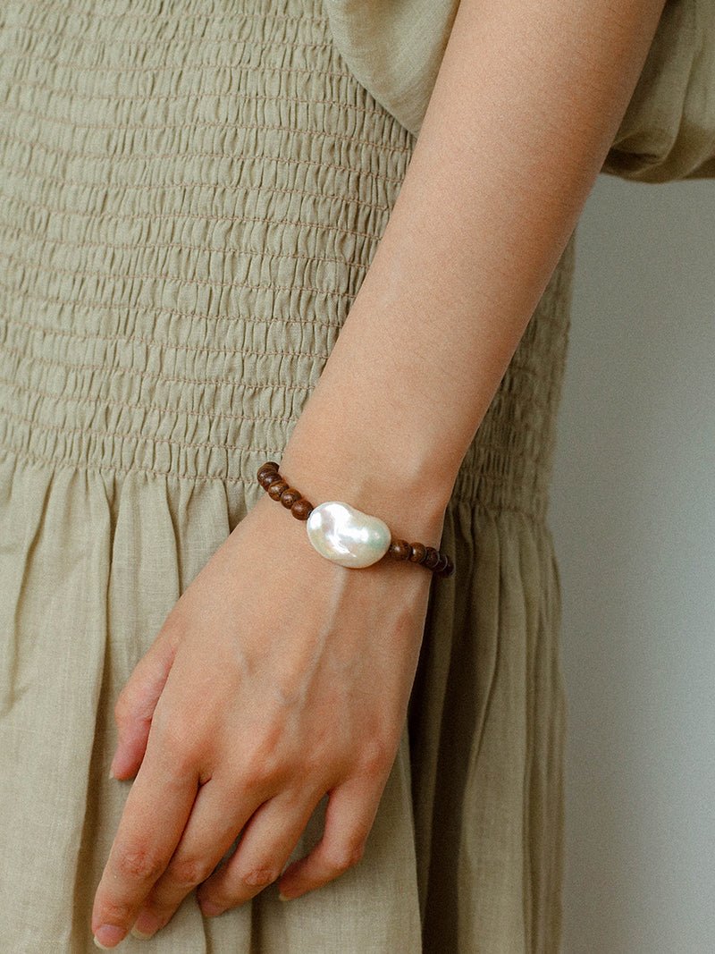 Cloud Whisper Baroque Pearl & Natural Wood Bead Bracelet - floysun
