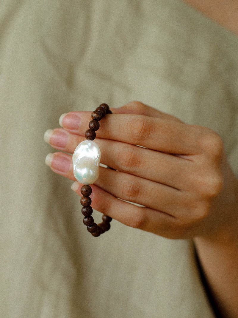 Cloud Whisper Baroque Pearl & Natural Wood Bead Bracelet - floysun