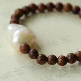 Cloud Whisper Baroque Pearl & Natural Wood Bead Bracelet - floysun