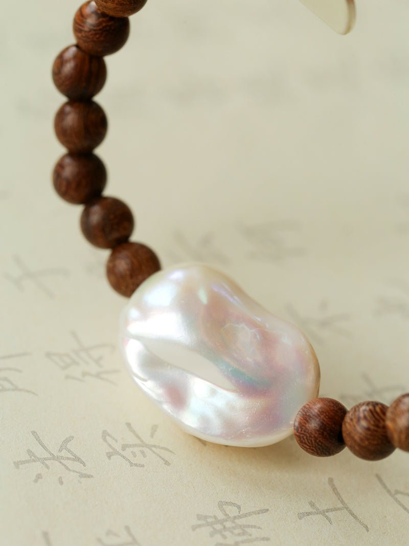 Cloud Whisper Baroque Pearl & Natural Wood Bead Bracelet - floysun