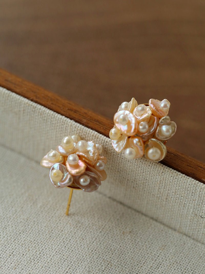 Cluster Pink & Purple Freshwater Pearl Earrings – Blooming Cherry Blossom Design - floysun