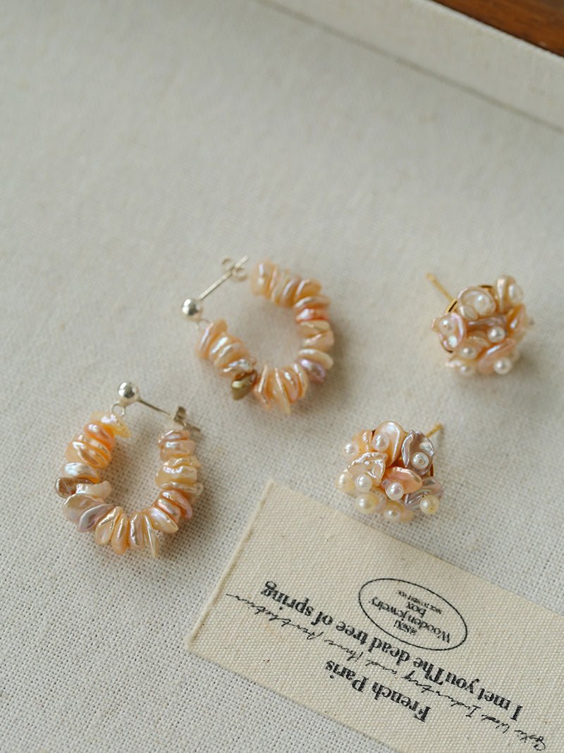 Cluster Pink & Purple Freshwater Pearl Earrings – Blooming Cherry Blossom Design - floysun