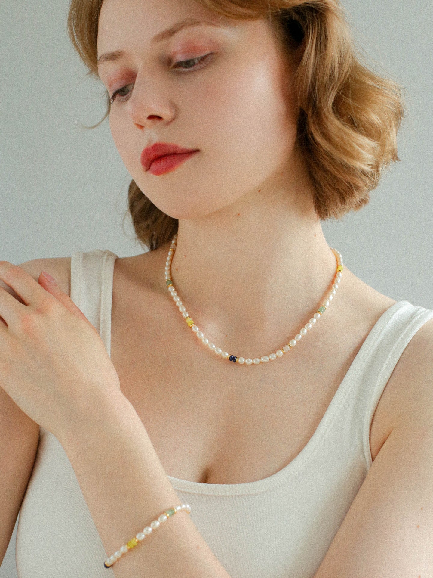 Colored Gemstone and Rice Pearl Beaded Necklace - floysun