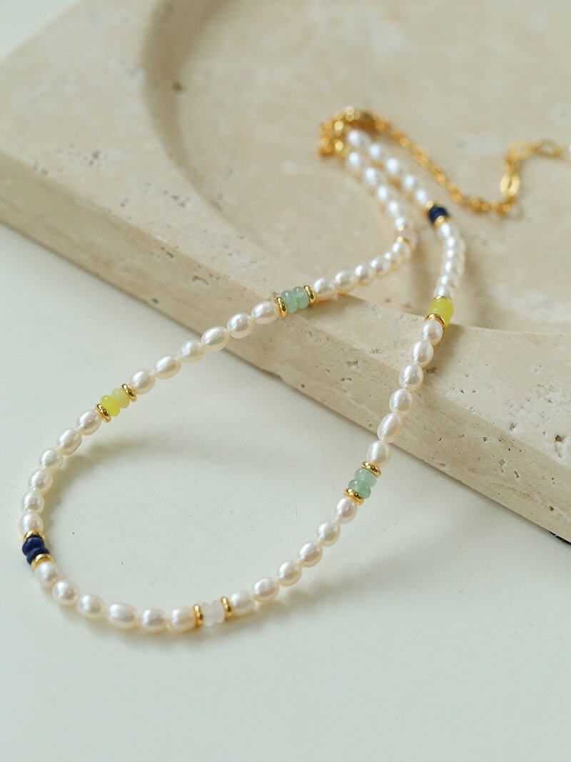 Colored Gemstone and Rice Pearl Beaded Necklace - floysun