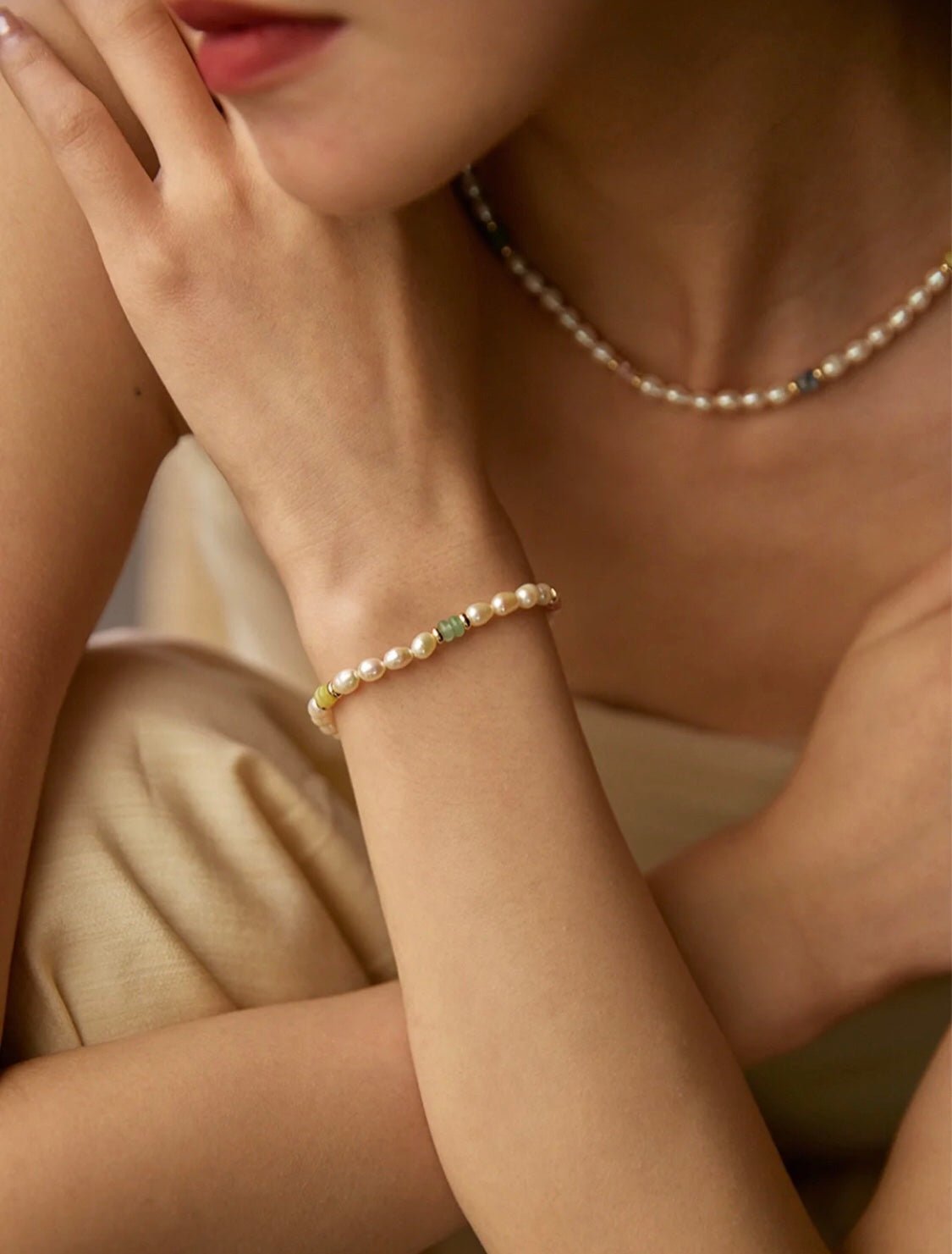 Colored Gemstone and Rice Pearl Beaded Necklace - floysun
