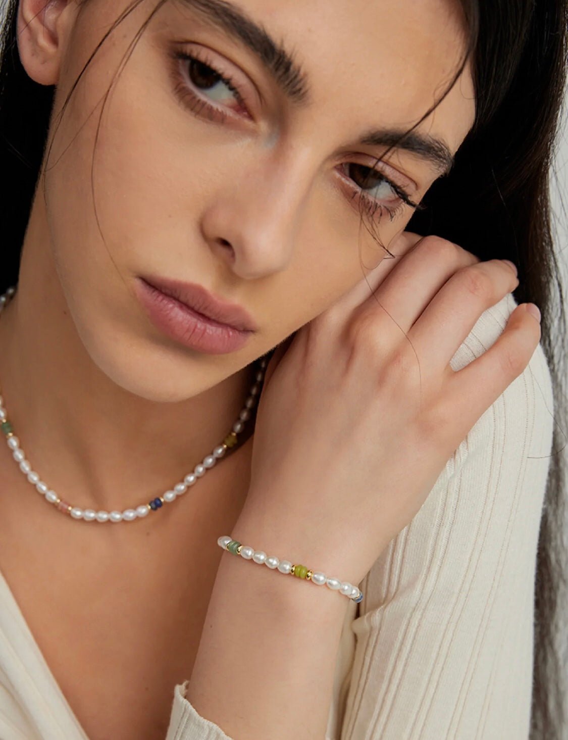 Colored Gemstone and Rice Pearl Beaded Necklace - floysun