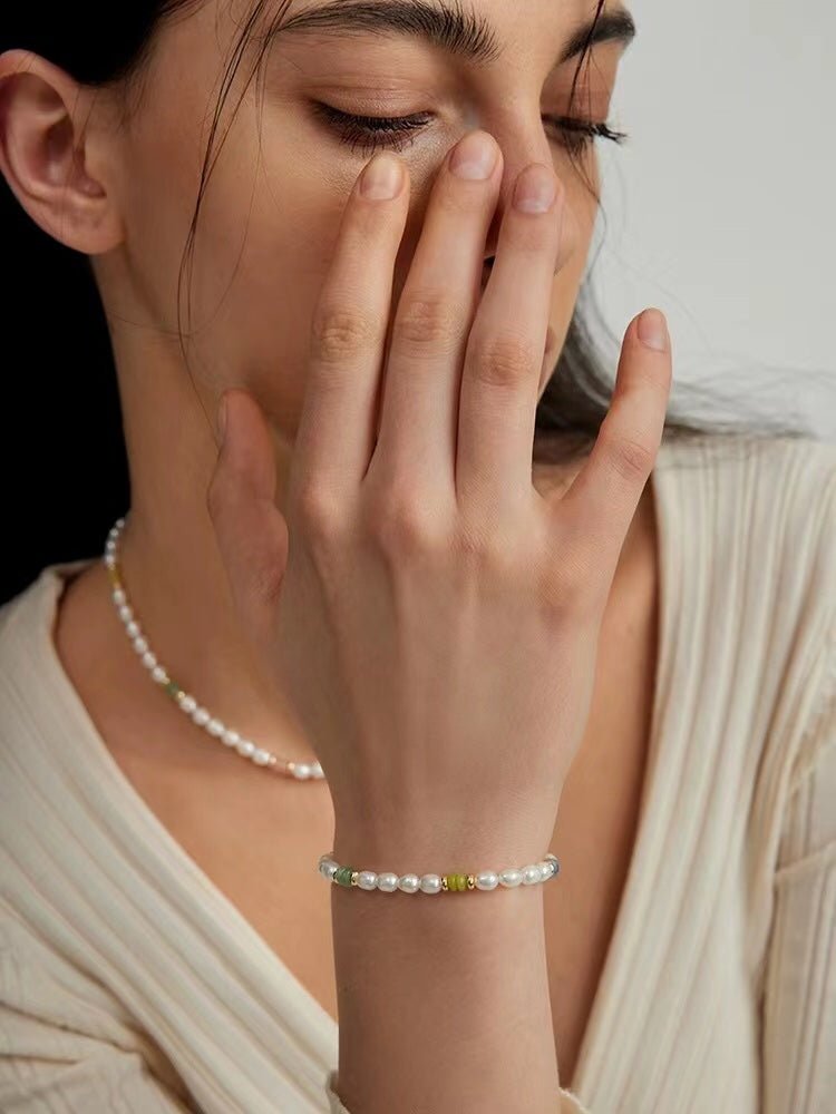 Colored Gemstone and Rice Pearl Beaded Necklace - floysun