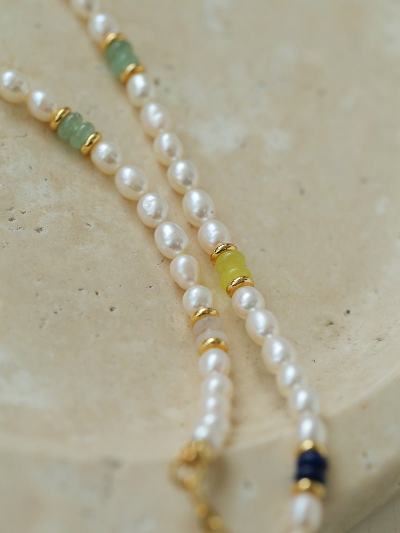 Colored Gemstone and Rice Pearl Beaded Necklace - floysun