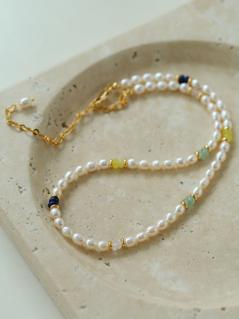 Colored Gemstone and Rice Pearl Beaded Necklace - floysun