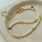 Colored Gemstone and Rice Pearl Beaded Necklace - floysun