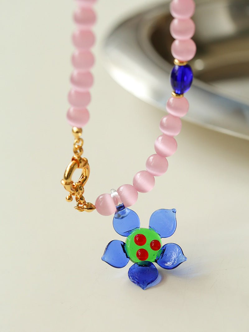 Colorful Cat's Eye Daisy Flower Beaded Necklace - floysun