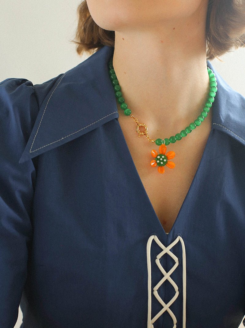 Colorful Cat's Eye Daisy Flower Beaded Necklace - floysun