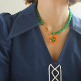 Colorful Cat's Eye Daisy Flower Beaded Necklace - floysun