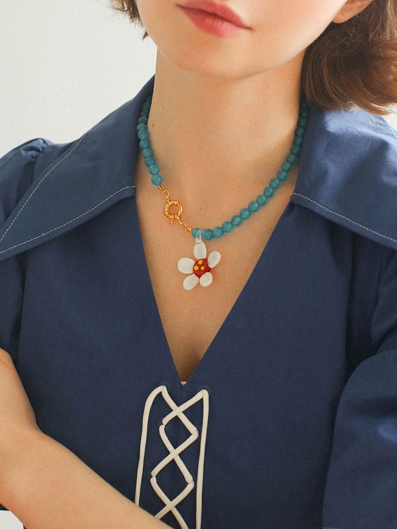 Colorful Cat's Eye Daisy Flower Beaded Necklace - floysun
