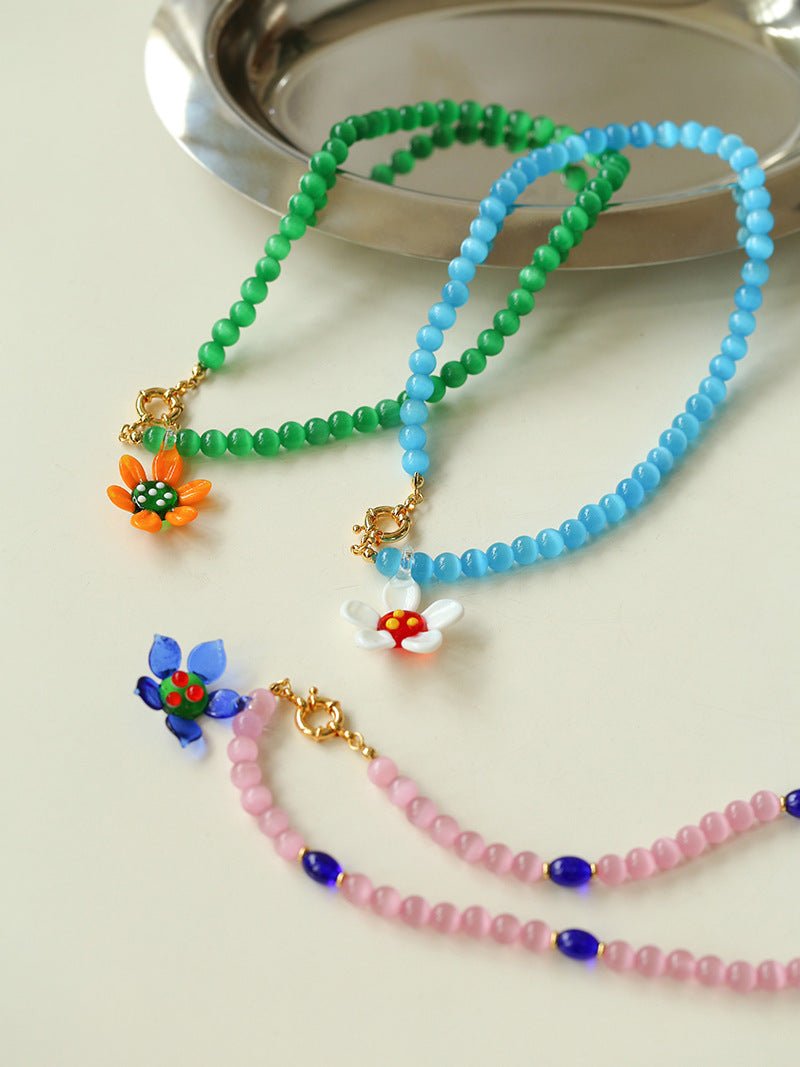 Colorful Cat's Eye Daisy Flower Beaded Necklace - floysun