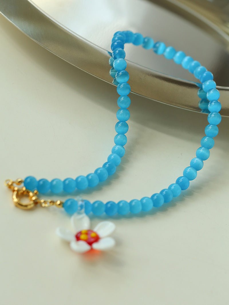 Colorful Cat's Eye Daisy Flower Beaded Necklace - floysun