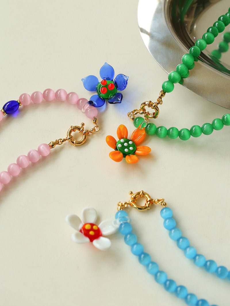 Colorful Cat's Eye Daisy Flower Beaded Necklace - floysun