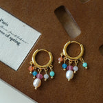 Colorful Gemstone & Pearl Tassel Hoop Earrings - floysun