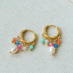 Colorful Gemstone & Pearl Tassel Hoop Earrings - floysun